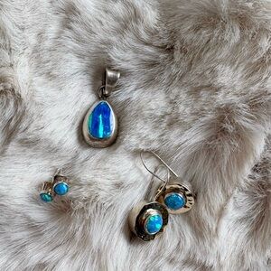 Hand Crafted Opals Set in Silver Pendant, Earrings & Smaller Studs